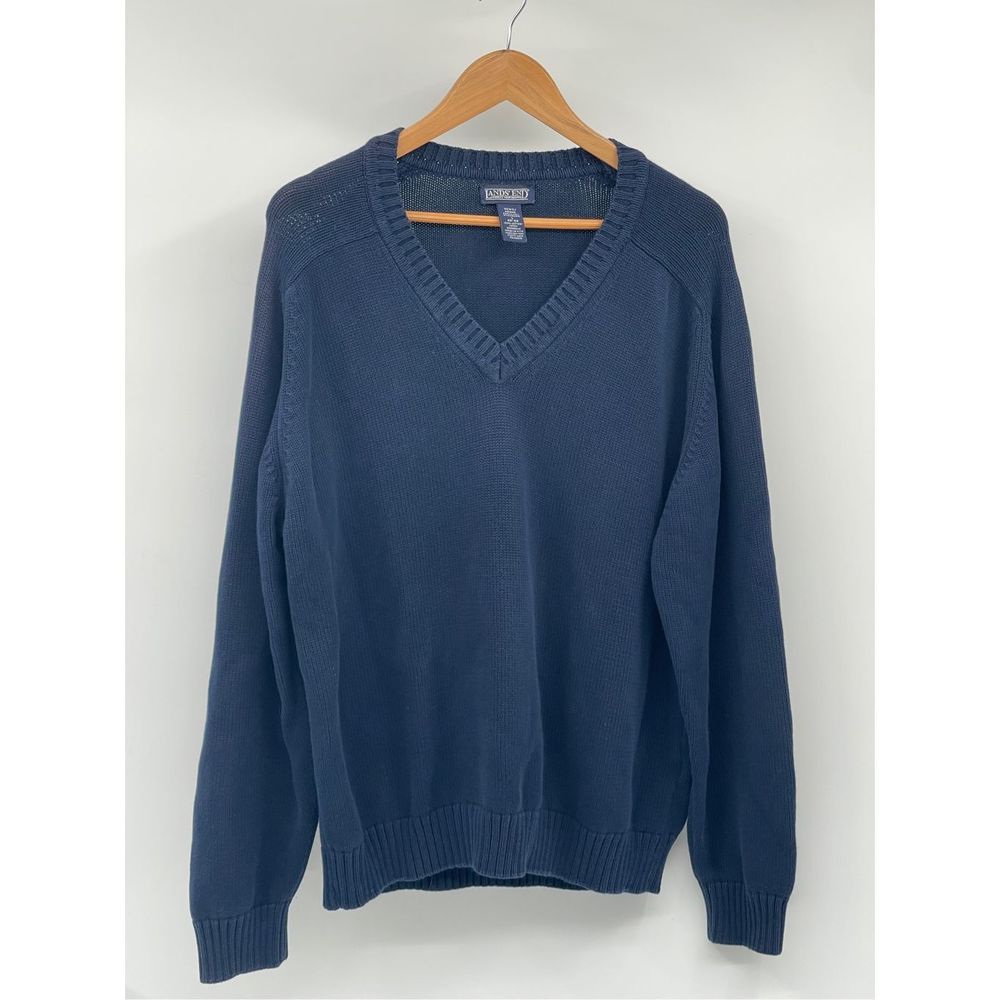 Land's End Sweater Men Size‎ Large Blue V Neck Cotton Pullover Long Sleeve